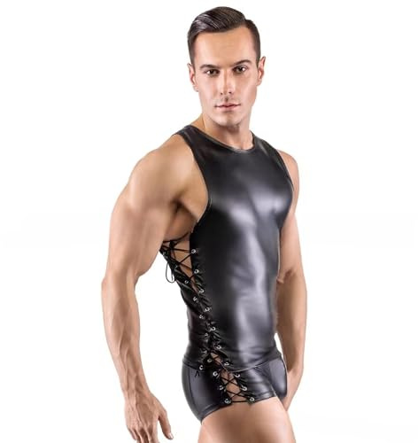 Débardeur en cuir synthétique pour homme - Sexy - Chemise moulante pour homme - Lingerie romantique - Noir - Sans manches - Débardeur chaud - Col rond - Chemise de nuit - Effet mouillé, Ensemble