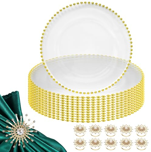 25 Gold Bead Acrylic Charger Plates & 25 Pearl Diamante Design Napkin Rings | Set of Plates and Napkin Rings Ideal for Thanksgiving , Wedding, Dinner Party, Event and Table Decoration