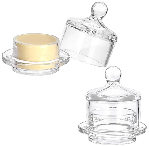BSTKEY Lot de 2 beurriers en verre transparent avec couvercle et poignée facile à saisir, mini beurrier rond pour bonbons, desserts, crème glacée, confiture, noix