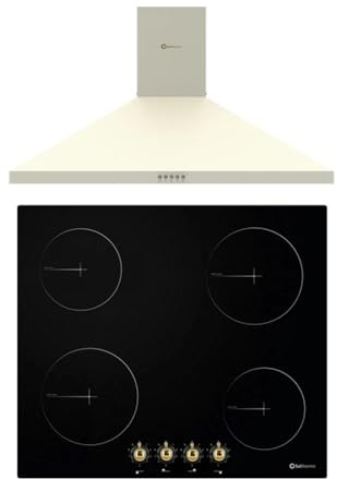 SOLTHERMIC PACK 2 EN 1 NEGRO RUSTICO PLACA VITROCERÁMICA 4 FUEGOS PVTC60 59x52cm / 9 niveles de potencia/Botones/Temporizador + CAMPANA DECORATIVA 60 CM COLOR CREMA hasta 400m3