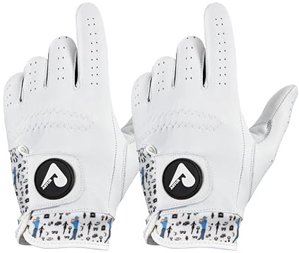 ASTUR Golfhandskar för män Cabretta läder golfhandske vänster hand 2-pack premium mjukt grepp karismatiskt unikt handledsdesigntryck andas bekväm passform för alla väder golf (M/L, BOOSTERS)