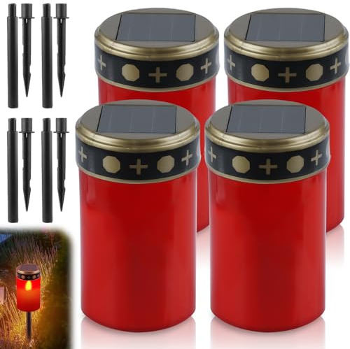 GAOUTO 4 Stück Grablicht: Solar LED Grablicht, Grabkerze Solar mit Erdspieß, Wasserdichtes Outdoor Friedhofskerze Solarbetrieben mit Lichtsensor, Outdoor Friedhofskerze, 7 x12 cm