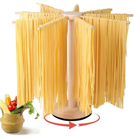 Novoshel Pasta Drying Rack Pasta Dryer Rotatable Pinewood Collapsible Drying Rack with 9 Rods for Pasta Noodle Spaghetti Rack for Drying 360° Rotating Home Kitchen Use Housewarming Gift