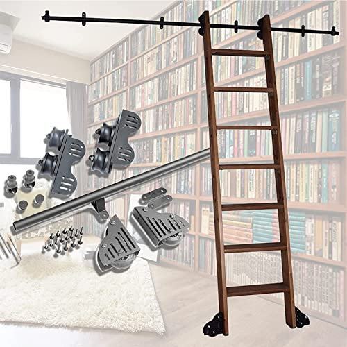 Escalera deslizante para biblioteca con ruedas, kit de riel negro para el hogar, interior, librería, biblioteca, biblioteca, kit de accesorios de riel redondo de acero al carbono