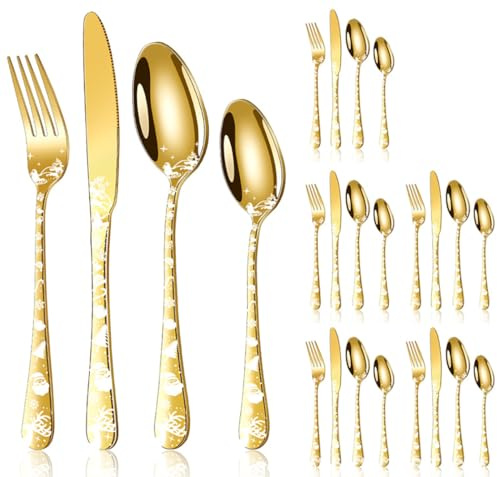 XIAOYU Set di posate natalizie da 24 pezzi, set di posate in acciaio inox per 6 persone, con motivo a alce natalizio e Babbo Natale, lavabile in lavastoviglie, Oro