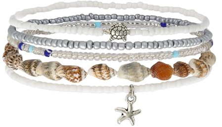 Mikovivi 5pcs Boho Shell Anklet Set for Women, Stretchable Hawaiian Beach Seashell Ankle Bracelets Conch Starfish & Beaded Anklets Summer Fashion Foot Jewelry Gift for Vacation Seaside Party