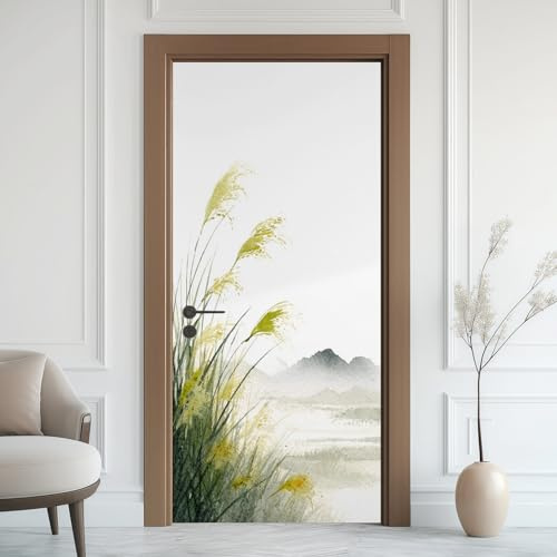 Aquarell Schilf Berg Türaufkleber, Ländliche Landschaft Türfolie Selbstklebende Fototapete, Naturlandschaft Türposter Abnehmbar Türfolie PVC Für Tür Schlafzimmer Badezimmer Türaufkleber 100x200 cm
