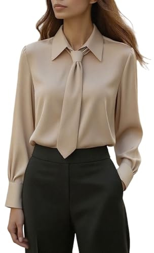 Blusa per Donna UK Camicia Elegante con Collo a Farfalla Maniche Lunghe Camicie Basic con Maniche a Bottoni Top da Lavoro da Ufficio Camicie Eleganti per Uscire in Modo Raffinato e Casual, cachi, M