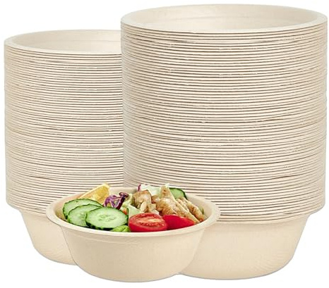 Suppenschalen Einweg, 100 Stück Suppenteller Pappschalen, 500 ml Suppenschalen Einweg aus Zuckerrohr, Runde Papierschale, Biologisch Abbaubar und Kompostierbar, für Picknick, Geburtstag(Braun)
