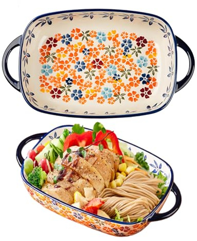 MeYuxg Pirofila Teglia Da Forno in Ceramica Rettangolare, 23,5x13,5cm, Doppio Manico Vintage Colorato, Per Lasagne Tiramisu Gratin Casseruola, Ideale per Cucina e Tavolo da Pranzo