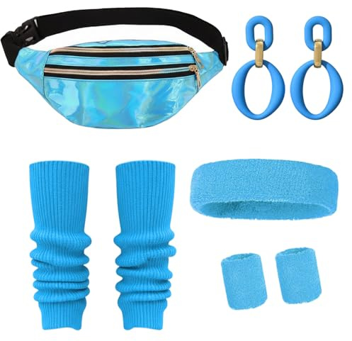 XDGBGFN 90er Jahre Outfit Damen Party Retro 80er Jahre Accessoires mit Bauchtasche Neon, Stirnband, Beinwärmer, Armband für Cosplay, Karneval, Mottoparty, Maskerade (Blau)