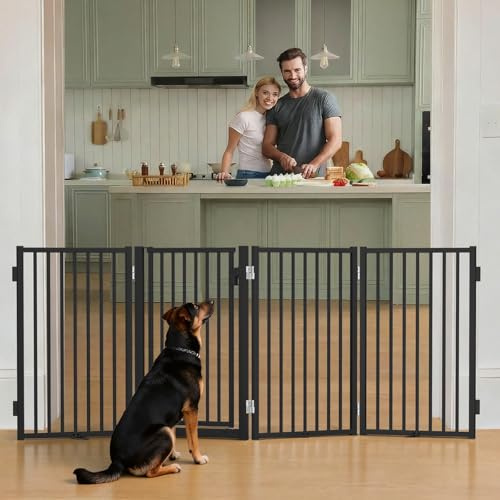 COMOMY Metall Hundegitter Freistehend mit Tür, 203cm Extra Breit Absperrgitter Hund Wohnung, 81cm Hoch Welpengitter Faltbar für Treppe Tür Flur, 4 Paneele Schutzgitter Innen & Außen, Schwarz