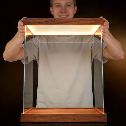 Teca Plexiglass Vetrina in Acrilico Ultra-alto per Esposizione, Scatola in Acrilico con Luce a LED e Base/Pannello Superiore in Legno, Organizzatore da Banco per Collezione(45x45x45cm(18x18x18in))
