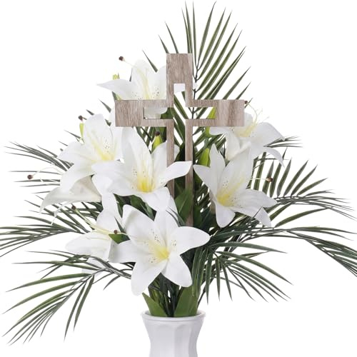 Rivvlive 21 Pcs Easter Palm Sunday Decoration, Artificial Branches Fake Lilies with Wood Crosses, Christian Large Faux Palm Sunday Leaves Flowers for Easter Church Arrangement Party Decoration