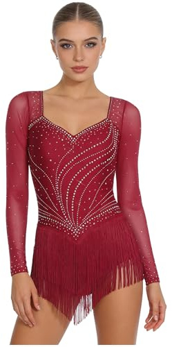 inhzoy Donna Abito da Ballo Latino Americano Tango con Frange Nappe Vestito da Pattinaggio Artistico Maniche Lunghe Body Danza Classica Ginnastica Ritmica Dancewear Borgogna M