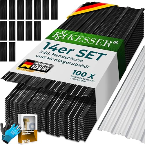 KESSER Chapa trapezoidal de 7 m², 12 unidades, para cobertizo, placas de techo de acero galvanizado de 0,25 mm, incluye guantes de montaje (negro, 110 x 46 cm/14 unidades)
