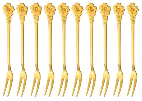 HEALEEP Tenedores de Acero Inoxidable para Degustación de Frutas y Postres, Diseño de Flor de Cerezo, Color Dorado, Juego de 10 Piezas, Ideales para Cocina, Fiestas y Catering