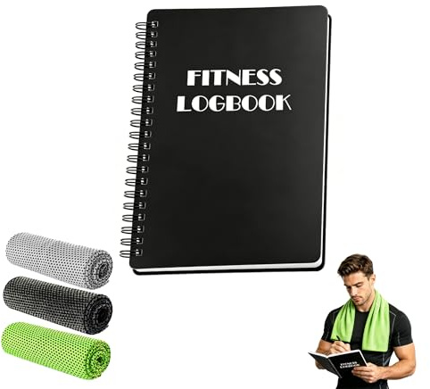 Harnyles Träningsdagbok, styrketräning (DIN A5) med 3 kylande mikrofiber fitnesshandduk för styrketräning, bodybuilding, gym och motionsträning, fitnesstillbehör för män och kvinnor fitnessentusiaster