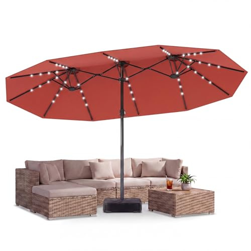 GOPLUS Parasol de Jardin Exterieur avec Pied, 4,6x2,8M Grand Parasol Double avec 48 LED Solaires, Manivelle, 12 Baleines, Protection Solaire, pour Terrasse Marché Patio