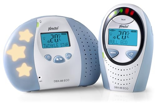 Alecto DBX-88 Eco DECT digital babymonitor med lång räckvidd upp till 300 m (100% problemfri), intercom, nattljus, temperaturdisplay med larm, LED-ljudindikator och 5 vaggvisor
