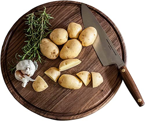 Virginia Boys Kitchens Walnut Wood Chopping Board - 34 cm Round American Hardwood Cutting and Carving Countertop Block with Juice Drip Groove