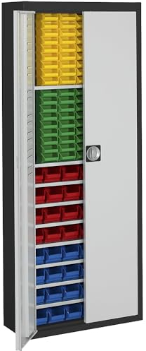mauser | Magazinschrank mit Sichtlagerkästen | HxBxT 1740 x 680 x 280 mm | zweifarbig | Korpus schwarz | Türen grau | 138 Kästen