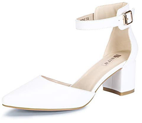 IDIFU Women's IN2 Pedazo Dress Shoes Low Block Heels Comfortable Chunky Closed Toe Ankle Strap Wedding Pumps(White Pu, 6.5 B(M) US)