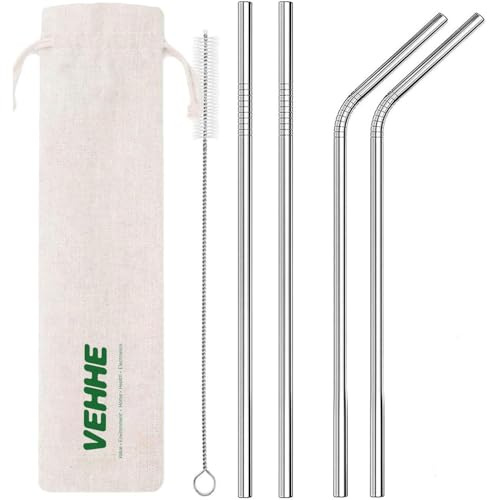 VEHHE Metal Straws Stainless Steel Straws Drinking Straws Reusable - 10.5 Ultra Long 4 + 1 - W/Cleaning Brush for 20/30 Oz for Yeti RTIC SIC Ozark Trail Tumblers (2 Straight|2 Bent|1 Brush)