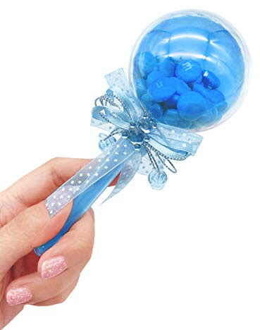 12 Pieces Fillable Baby Rattle Party Favors, Blue with Decorative Bear & Ribbon