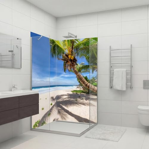 dedeco Alu Eck-Duschrückwand mit Strand V1 Motiv - 2 x 90x200 cm - Perfekt als Badrückwand zum Fliesenersatz, passend für viele Bäder - Made in Germany