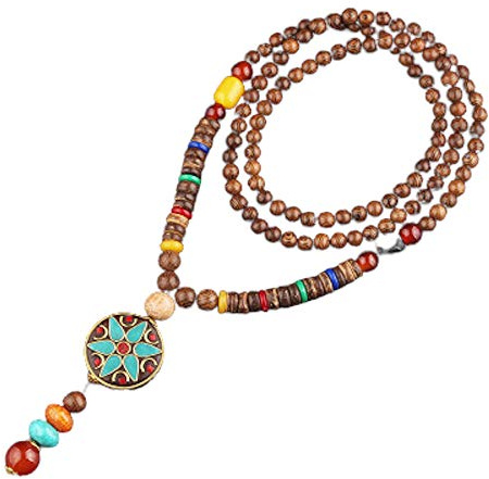 EXINOX Lange buddhistische Halskette mit Holzperlen: Ethnischer Buddha: Damen