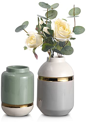TERESA'S COLLECTIONS Moderne Keramik Vase in Hellgrau/Hellgrün, 2er Vasen Set für Blumen,Vergoldete Glasierte Blumenvasen für Zuhause Wohnzimmer Schlafzimmer muttertagsgeschenke für Mama 15/19 cm