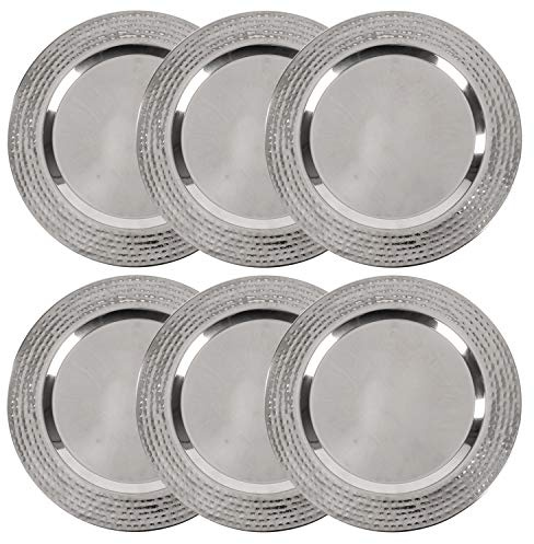 Colleta Home Stainless Charger Plate - 6 Pack - 13 inch Stainless Steel Chargers for Dinner Plates with Hammered Rim - Silver Charger Plates Set