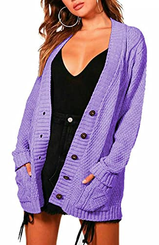 ER Direct Womens Ladies Long Sleeve Aran Cable Chunky Knitted Grandad Button Boyfriend Cardigan (Lilac, XL)