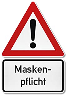 Achtung Gefahrstelle Schild mit diversen Zusatzzeichen | im Kompaktformat (235mm Seitenlänge) | Ausrufezeichen + z.B. Dachlawine, Bissiger Hund, Privatweg | Verkehrszeichen Nr 101 (Maskenpflicht)