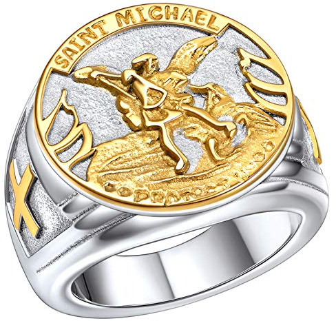 FaithHeart Ring für Herren, Edelstahl Heiliger Michael Siegelring, Retro Beschützer Fingerring Größe von 54 bis 72, Schutzpatron Schmuck für Geburtstag Valentinstag