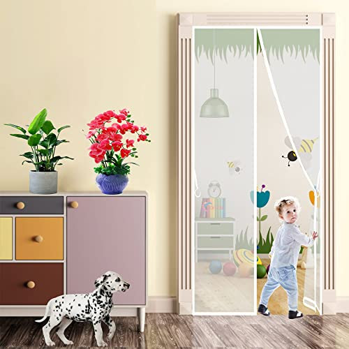 Screen Door Curtain, 90x270cm Magnetic Self-Closing Privacy Door Screen Winter Stop Draft Keep Cold Out Door Cover, White, 663 Size