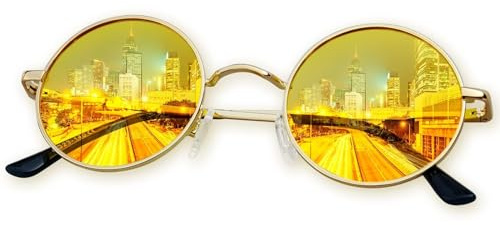 KANASTAL Occhiali Guida Notturna Rotondi Uomo Donna Visione Notturni Lenti Gialle Notte Tondi Cerchio Metallo Dorati Yellow Night Driving Round Glasses -lente Gialli Montatura Oro