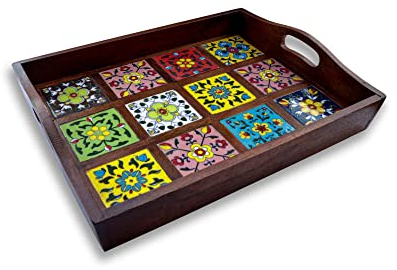 Craft Trade Stilvolles Mango Holz Serviertablett rutschfest Essenstablett Vintage Serviertabletts Perfect Osmanisches Tablett für Frühstück Tee Coffee und Snacks- 38x30x8 cm