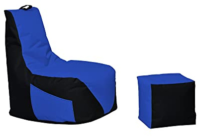 Momiralland Gaming Sitzsack - mit Lehne Sitzkissen - Beanbag - mit Reißverschluss - BodenKissen Sessel In- & Outdoor geeignet - Gaming mit PC Xbox & PlayStation (Schwarz - Blau, Sitzsack + Hocker)