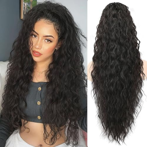 PORSMEER Pferdeschwanz Haarteil Lang 76 cm mit Kordelzug Wellig Locken Ponytail Extension schwarz Natürliches Clip in Haarteil Ponytail Kunsthaar Haarzopf für Damen Afro Zopf Haarverlängerunge