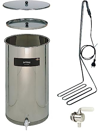 Edelstahlfass Saft 170 Liter mit Tauchsieder und Edelstahl V2A Hahn, Saftfass 170l zum Säfte erhitzen und pasteurisieren, Fass Edelstahlbehälter mit Öl Schwimmdeckel, Saftlagerung
