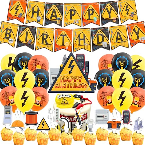 Elektriker Party Dekorationen Power Elektriker Lineman Theme Dekorationen Beinhaltet Happy Birthday Banner Kuchen Topper Cupcake Toppers Ballons für Elektriker Party