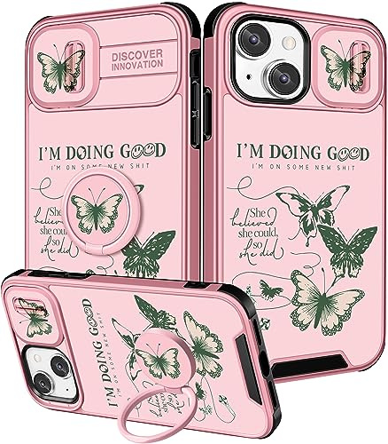 Pegmode (2in1 for iPhone 13 Case/for iPhone 14 Case for Women Butterfly Cute Girls Phone Cases Girly Pretty Green Butterfly Design with Camera Cover+Ring Holder for Apple 13/Apple 14 Cover 6.1''