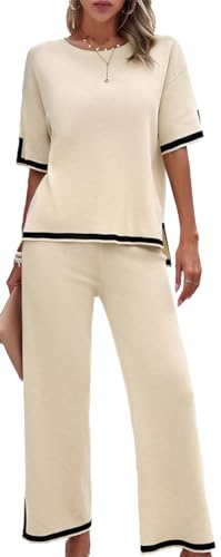 OLIPHEE Femme Ensemble Tricoté 2 Pièces Ensemble Femme Chic et Elegant Pull Femme Manches Courtes Pull Tricoté et Pantalon à Jambes Larges Loungewear Top Casual Outfit Été Automne Beige M