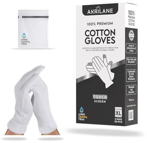 Touch Screen XL Extra Large 5 Pairs 100% Premium Cotton Gloves for Dry Hands | Moisturizing Overnight Gloves for Eczema, Psoriasis & Skin Spa Treatment for Women & Men | Free Laundry Bag