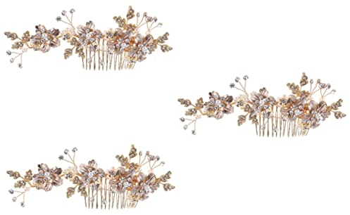 3er-Pack Braut-Blumen-Haarspangen, Kristall-Haarkamm, dekorative Braut-Haarkamm-Clip-Nadeln, Hochzeit-Haarschmuck-Kamm, Kristall-Brautschmuck (Gold x3 Stück, Größe 1x3 Stück)