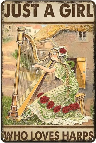 kisoyo Metallschild Just a Girl Who Loves Harps, Vintage-Dekor, Kunstschild, Zuhause, Küche, Bar, Café, Club, Höhle, Wanddekoration, Harfen, Blechschild, 20,3 x 30,5 cm