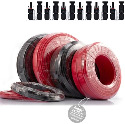 2X Solarkabel Verlängerungskabel 4mm² 25m (Schwarz+Rot) mit IP67 Stecker | TÜV-Zertifiziert 7AWG 1800V, Profi Kupferkabel Verlängerung Solarleitung beidseitig für Photovoltaik Solaranlage Solarpanel