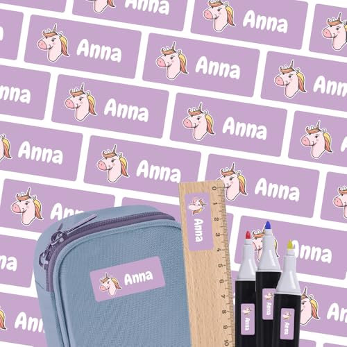 Namensschilder für Lineal, Kugelschreiber & Mehr (125 Aufkleber) – Spülmaschinenfeste Namensetiketten mit Einhorn Motiv – Personalisierte Sticker mit Motiv – Waschfest – 30 x 13 mm